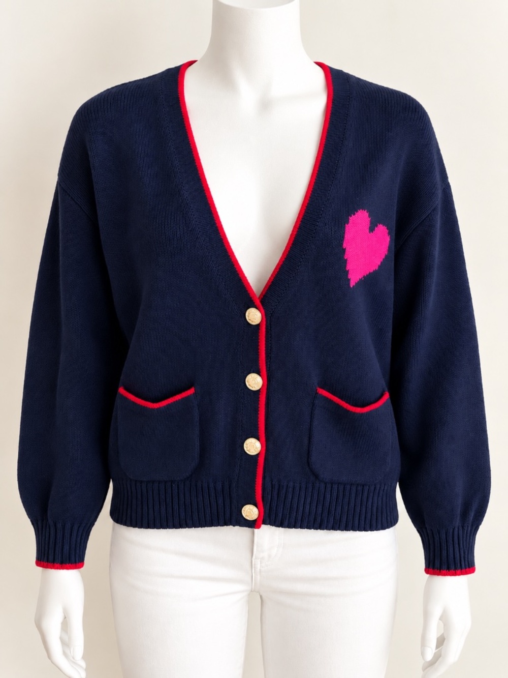 Talbots Navy Heart V-Neck Cardigan Sweater Red Trim Gold Buttons Size M